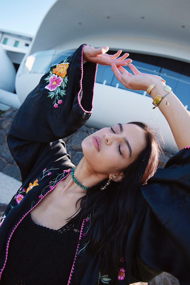 Someday Never Comes Black Silk Satin Embroidered Jacket - Chasing Unicorns