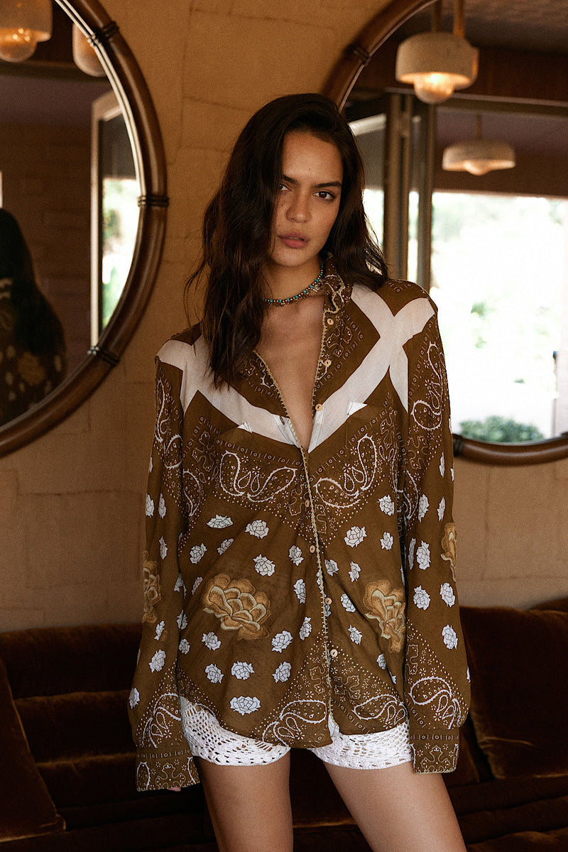 Straight Talker Cotton Gauze Embroidered Long Sleeve Shirt - Chasing Unicorns