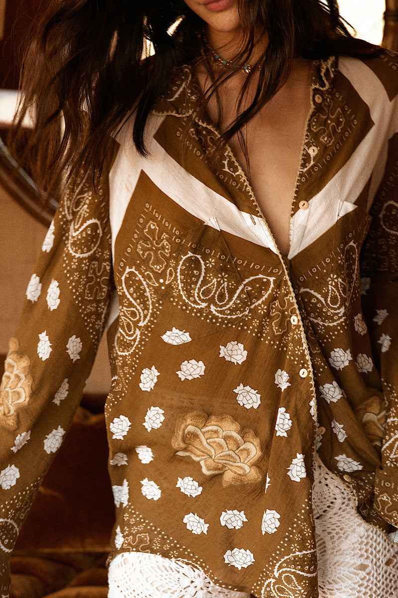 Straight Talker Cotton Gauze Embroidered Long Sleeve Shirt - Chasing Unicorns