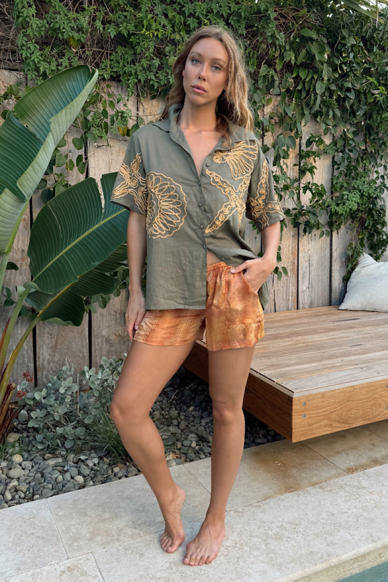 Under The Sea Applique Embroidered Oversized Shirt - Khaki - Chasing Unicorns