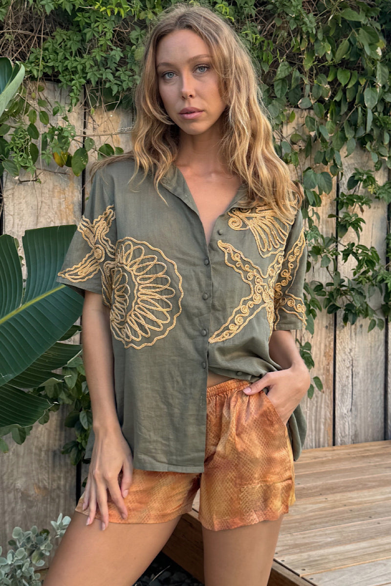 Under The Sea Applique Embroidered Oversized Shirt - Khaki - Chasing Unicorns