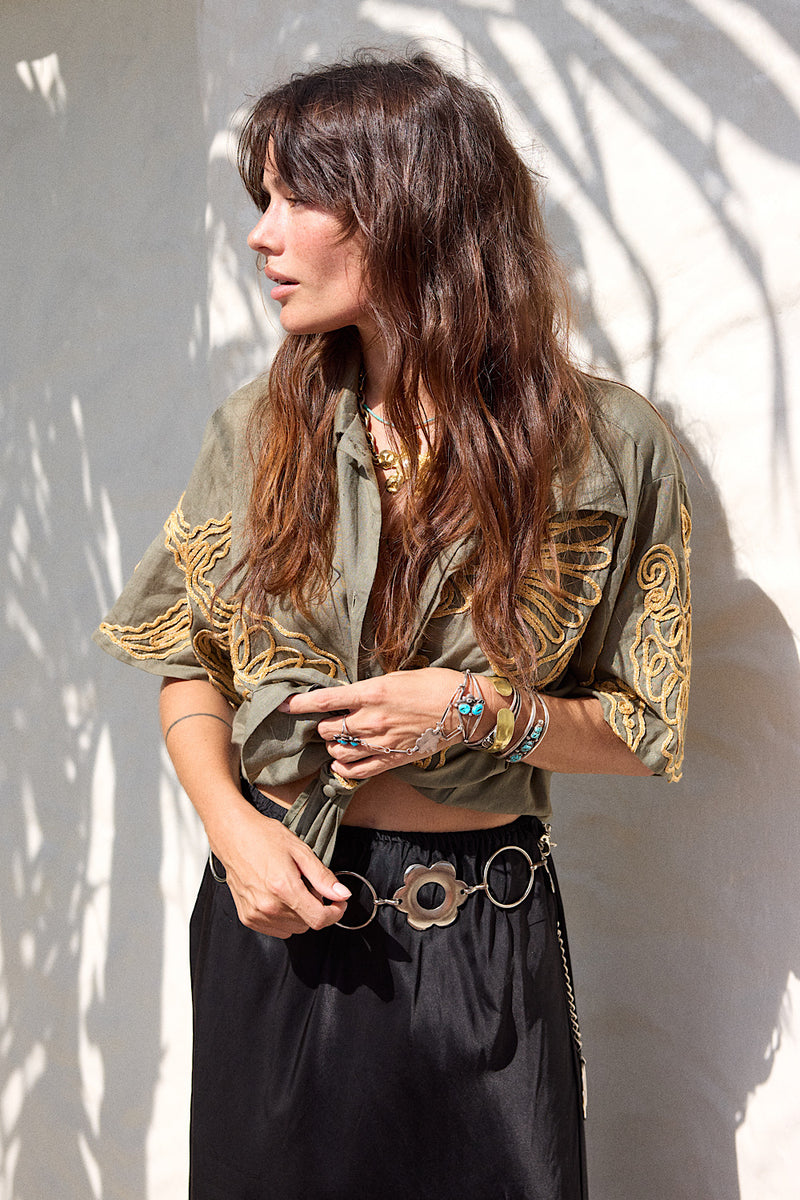 Under The Sea Applique Embroidered Oversized Shirt - Khaki - Chasing Unicorns