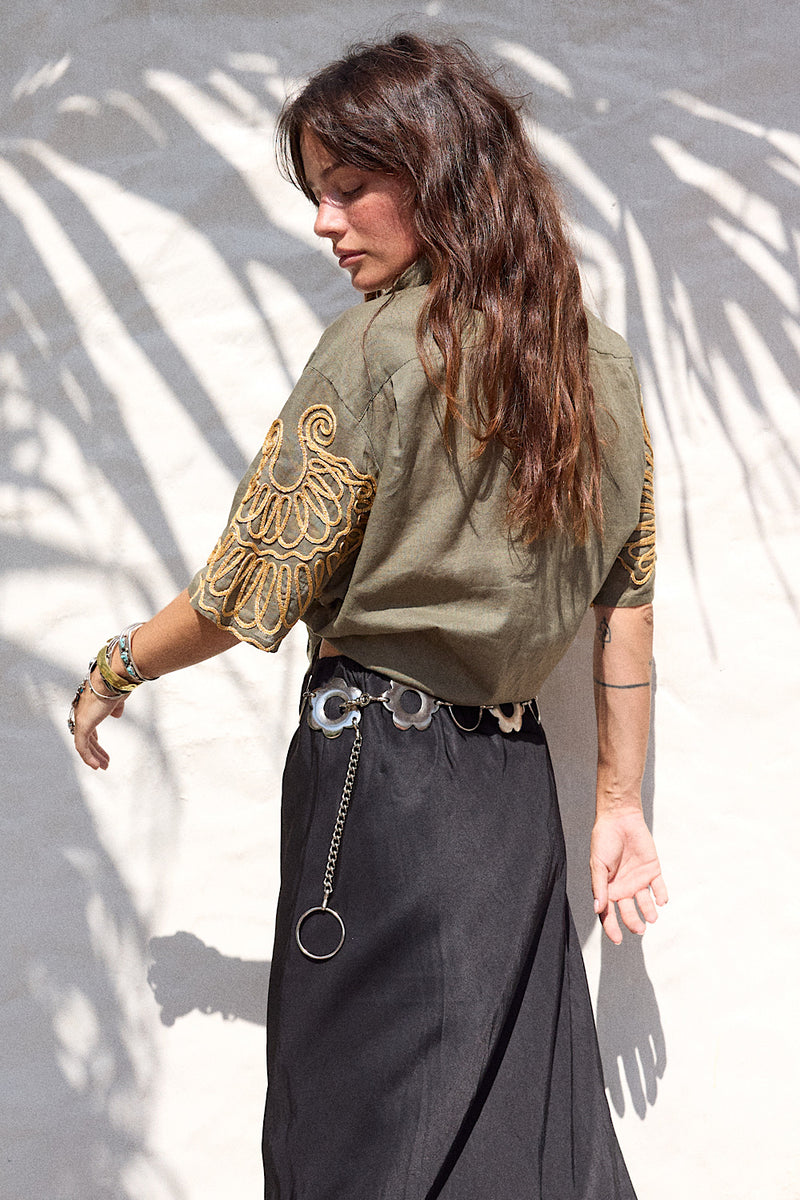 Under The Sea Applique Embroidered Oversized Shirt - Khaki - Chasing Unicorns