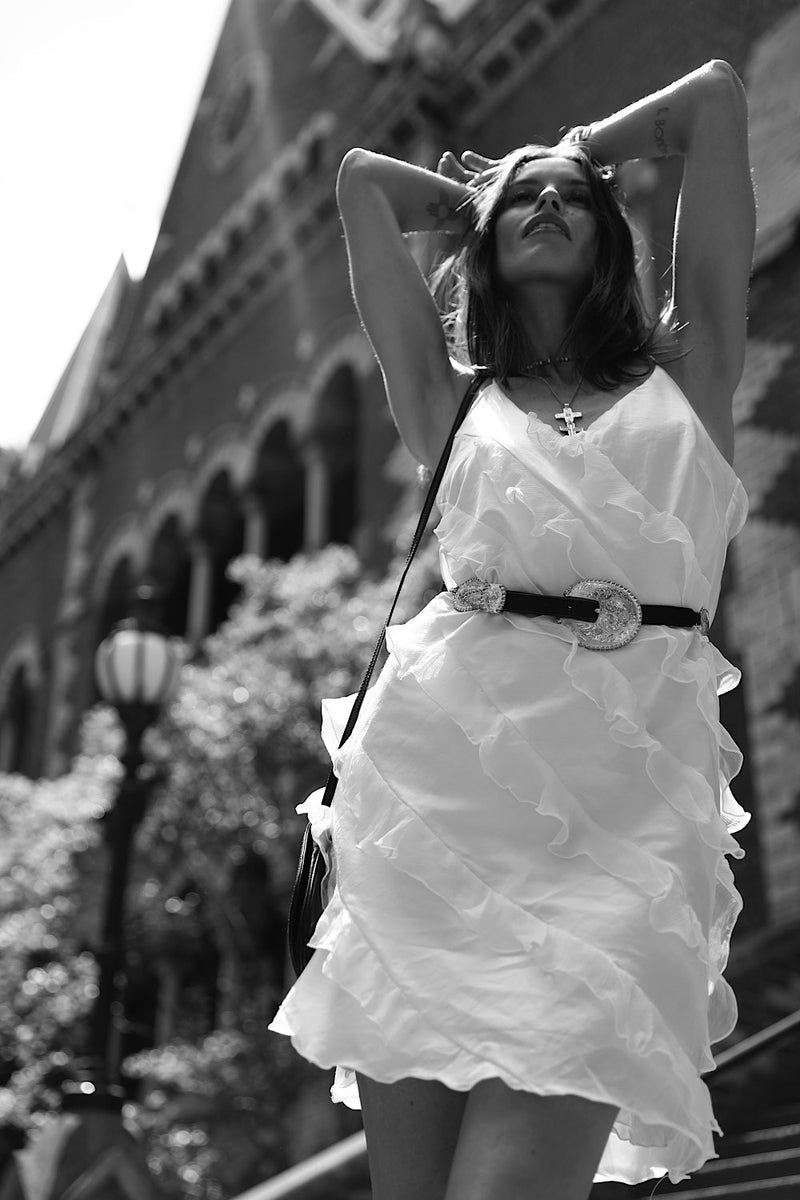 White Feather Silk Ruffle Mini Dress - Chasing Unicorns