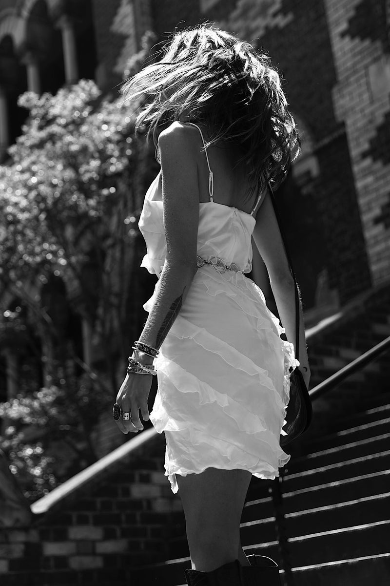 White Feather Silk Ruffle Mini Dress - Chasing Unicorns