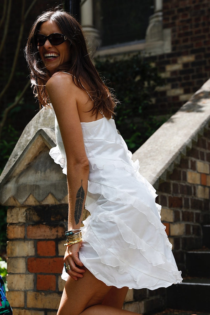 White Feather Silk Ruffle Mini Dress - Chasing Unicorns