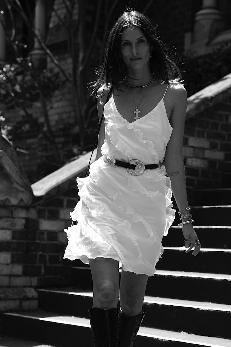 White Feather Silk Ruffle Mini Dress - Chasing Unicorns