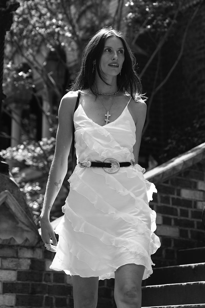 White Feather Silk Ruffle Mini Dress - Chasing Unicorns