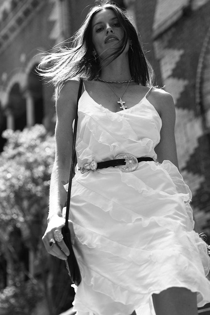 White Feather Silk Ruffle Mini Dress - Chasing Unicorns