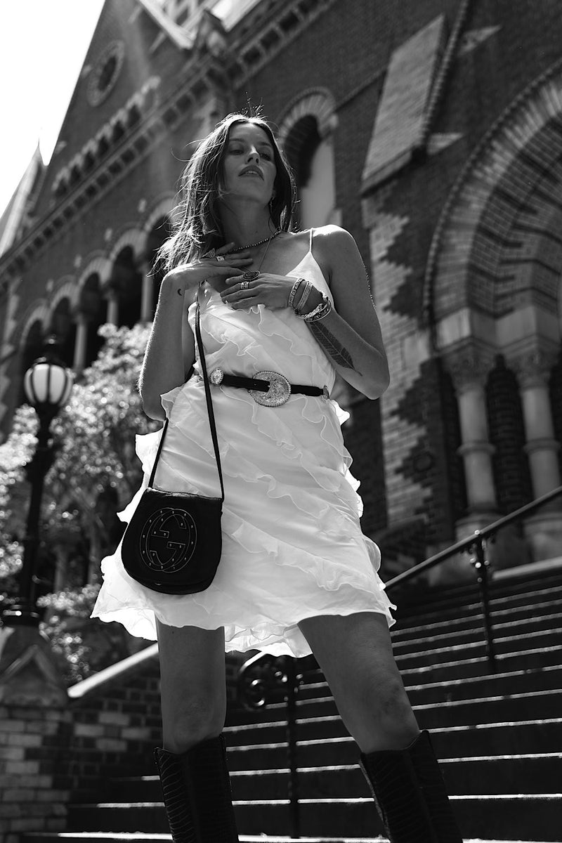 White Feather Silk Ruffle Mini Dress - Chasing Unicorns