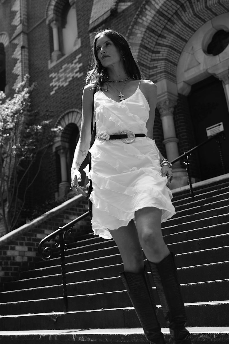 White Feather Silk Ruffle Mini Dress - Chasing Unicorns