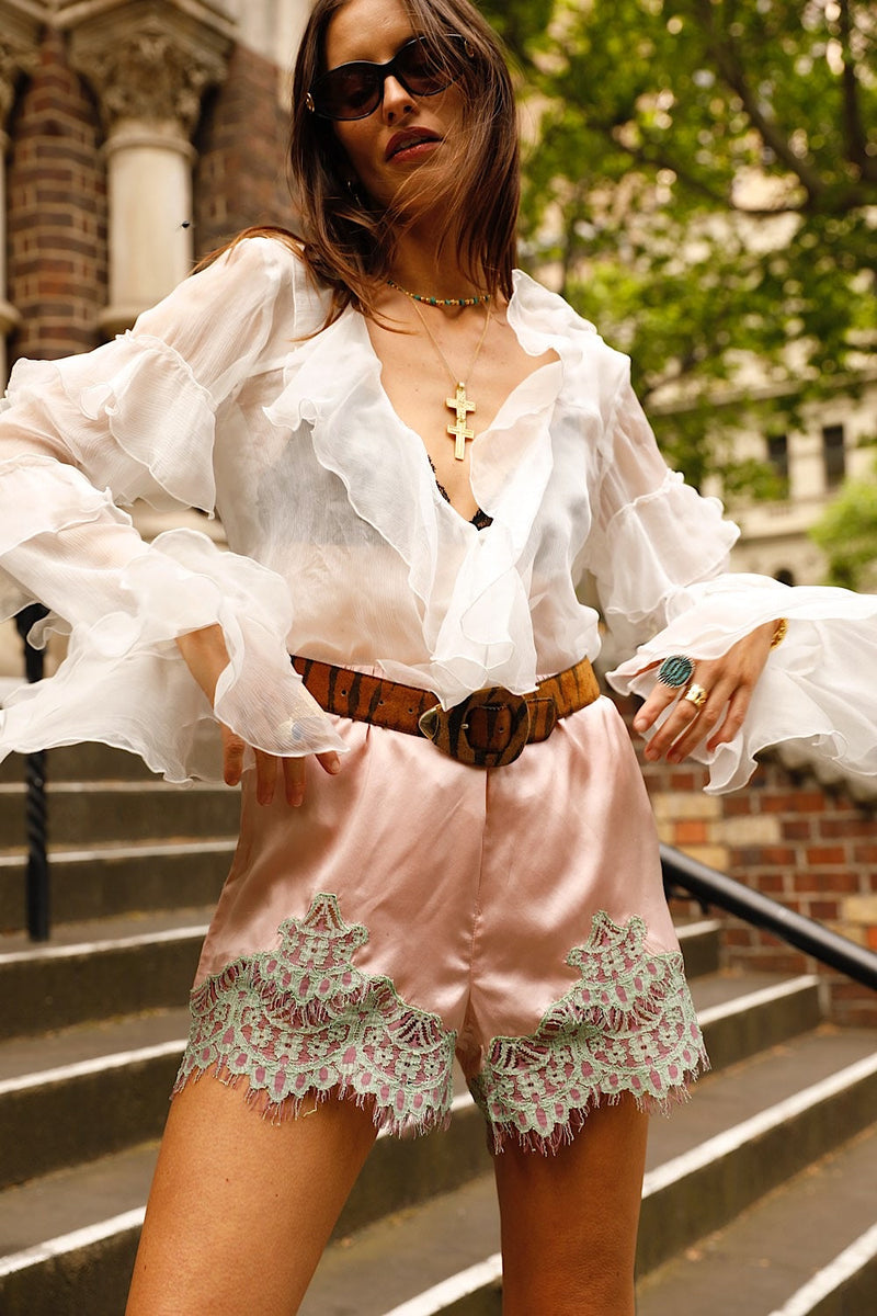 You Belong to Me Silk Satin + Lace Shorts - pale pink - Chasing Unicorns