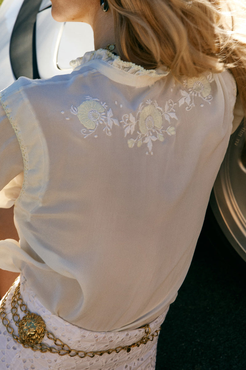 April Sun In Cuba Silk + Embroidered Blouse - Buttermilk - Chasing Unicorns