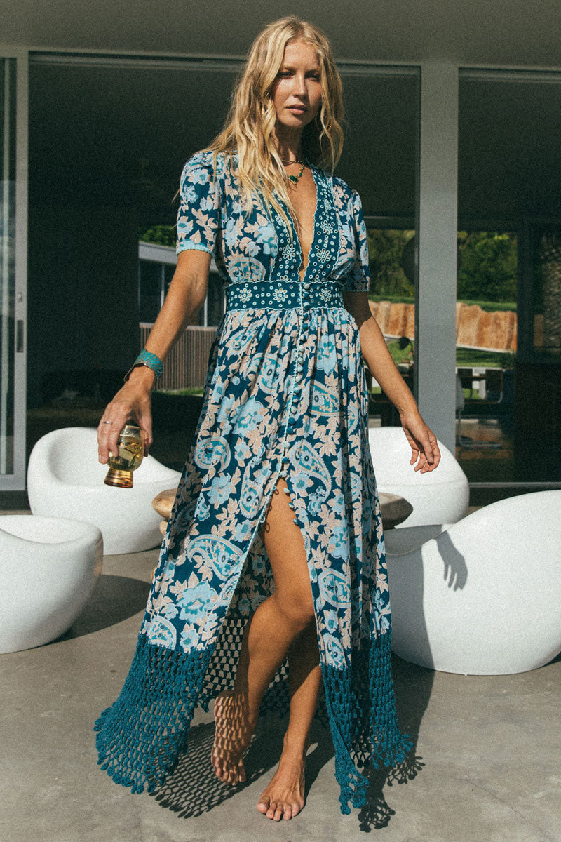 Brown Sugar Cutwork + Crochet Maxi Dress - Teal Paisley - Chasing Unicorns
