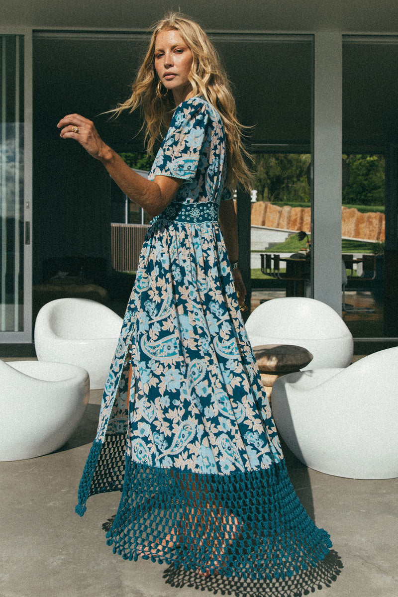 Brown Sugar Cutwork + Crochet Maxi Dress - Teal Paisley - Chasing Unicorns