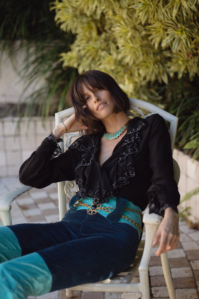 Busy Being Fabulous Silk, Lace + Beaded Blouse - Black