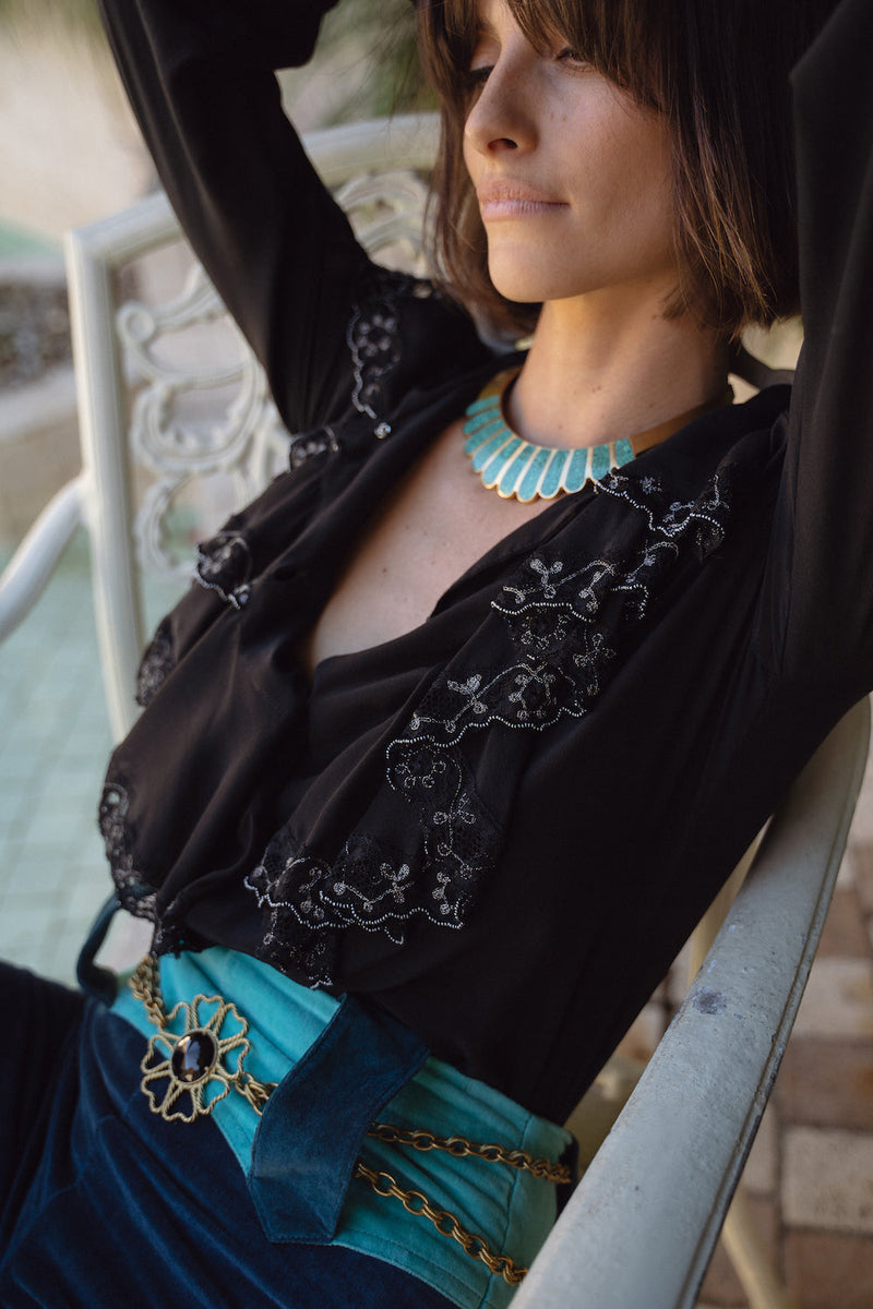 Busy Being Fabulous Silk, Lace + Beaded Blouse - Black - Chasing Unicorns
