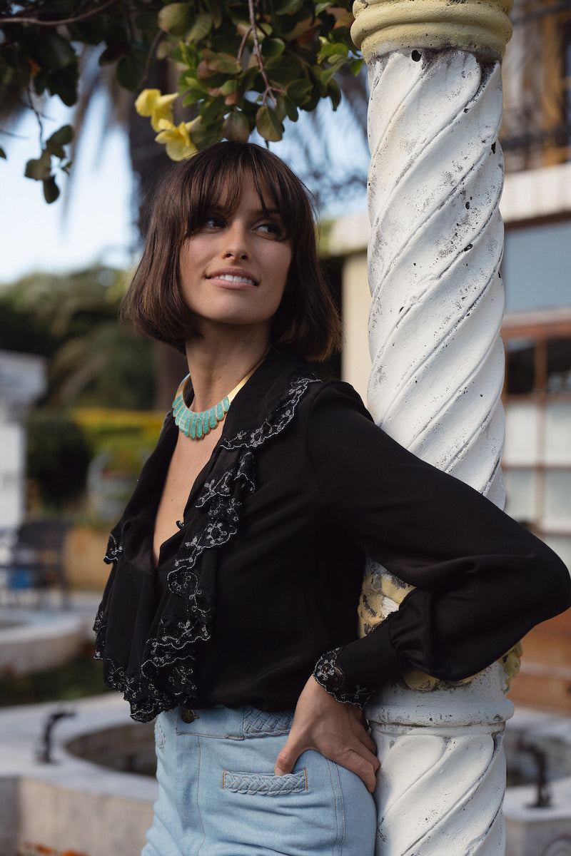 Busy Being Fabulous Silk, Lace + Beaded Blouse - Black - Chasing Unicorns