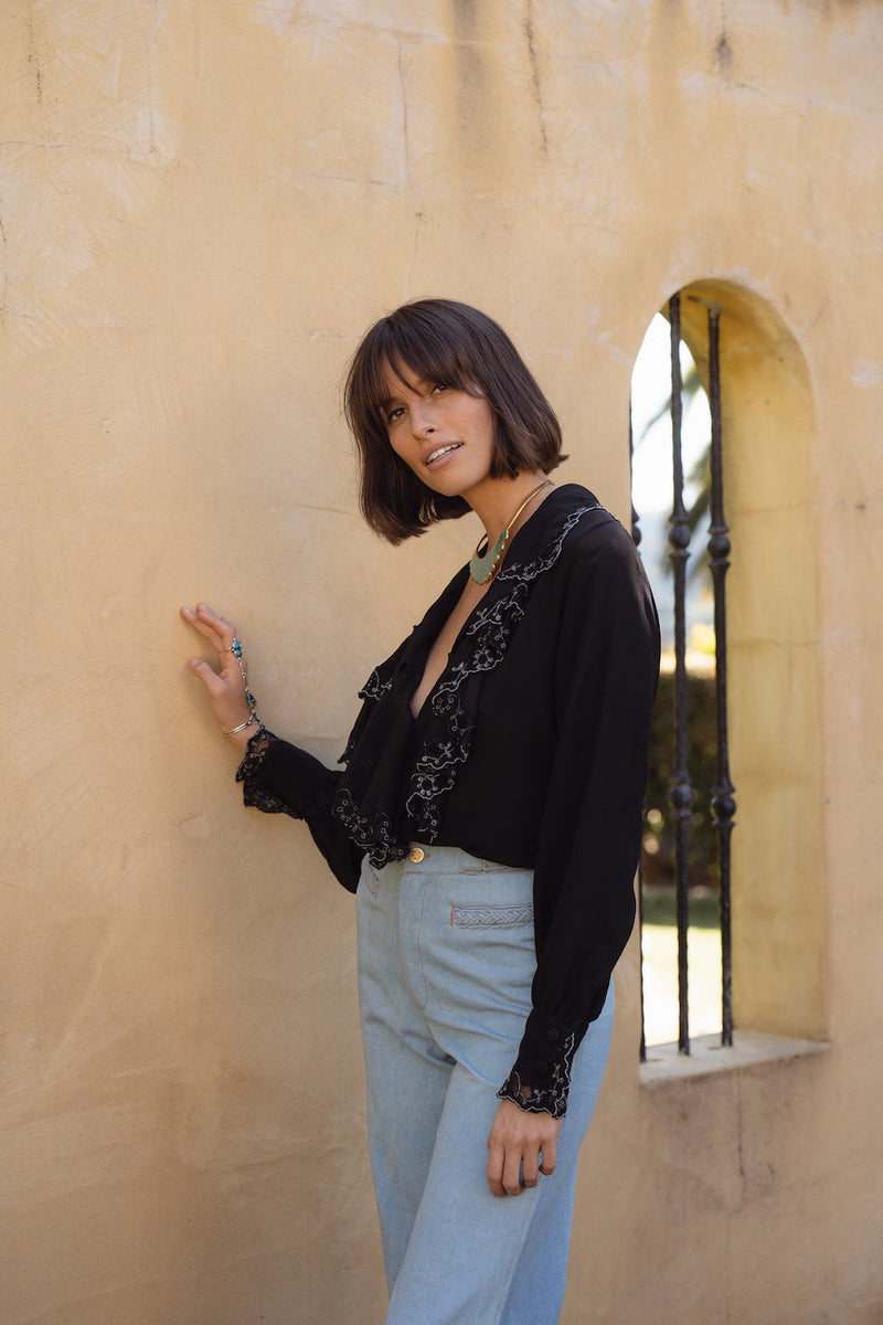 Busy Being Fabulous Silk, Lace + Beaded Blouse - Black - Chasing Unicorns