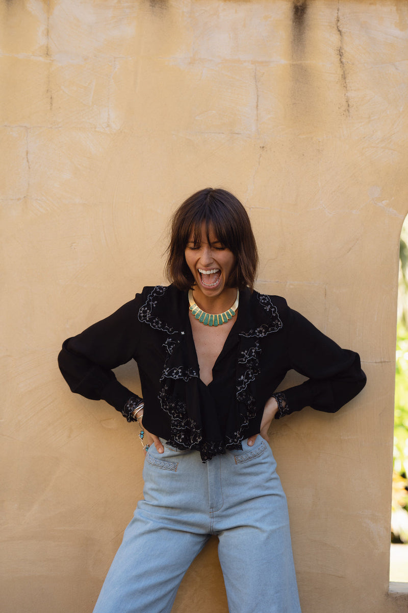 Busy Being Fabulous Silk, Lace + Beaded Blouse - Black - Chasing Unicorns