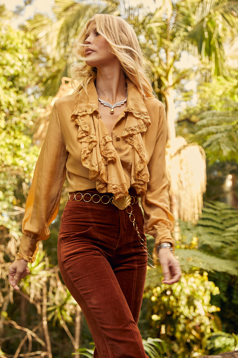 Busy Being Fabulous Silk, Lace + Beaded Blouse - Caramel - Chasing Unicorns