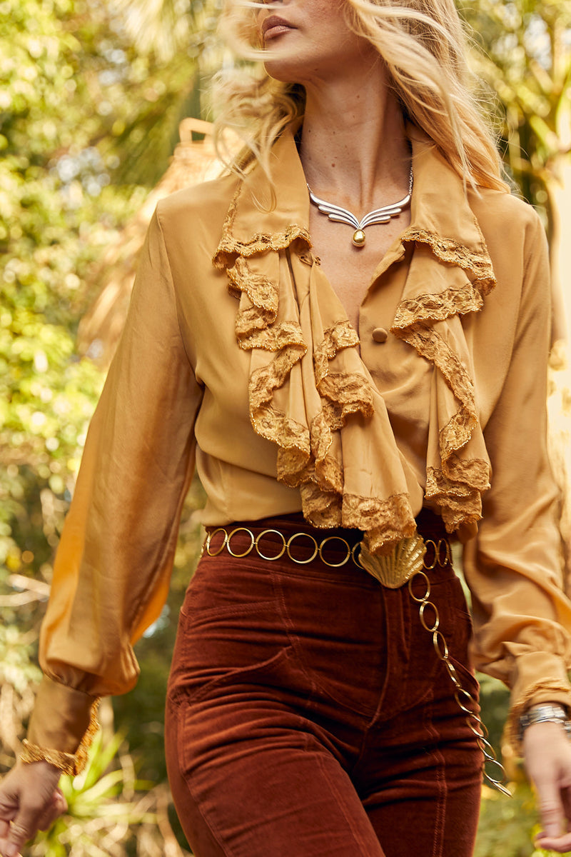 Busy Being Fabulous Silk, Lace + Beaded Blouse - Caramel - Chasing Unicorns