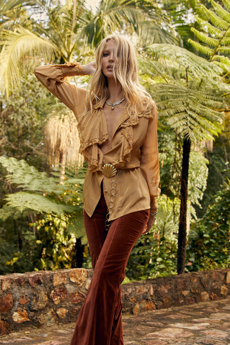 Busy Being Fabulous Silk, Lace + Beaded Blouse - Caramel - Chasing Unicorns