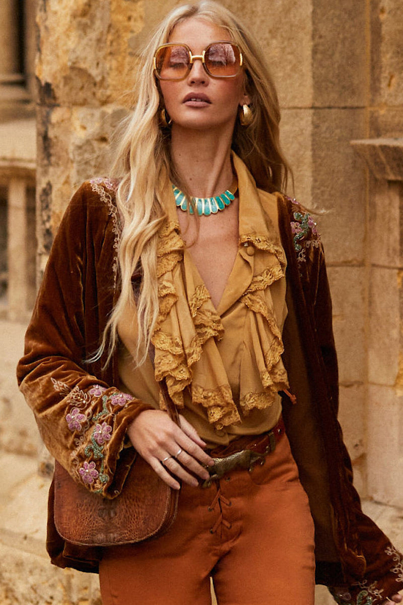 Busy Being Fabulous Silk, Lace + Beaded Blouse - Caramel - Chasing Unicorns