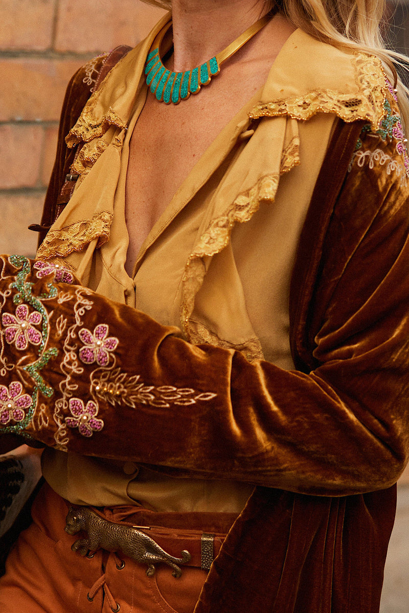 Busy Being Fabulous Silk, Lace + Beaded Blouse - Caramel - Chasing Unicorns