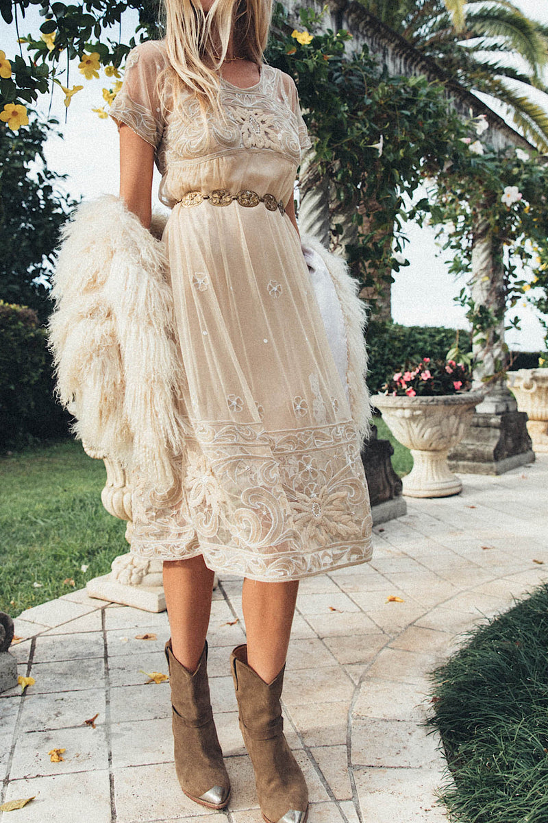 Cloudy Day Embroidered + Beaded Midi Dress - Chasing Unicorns