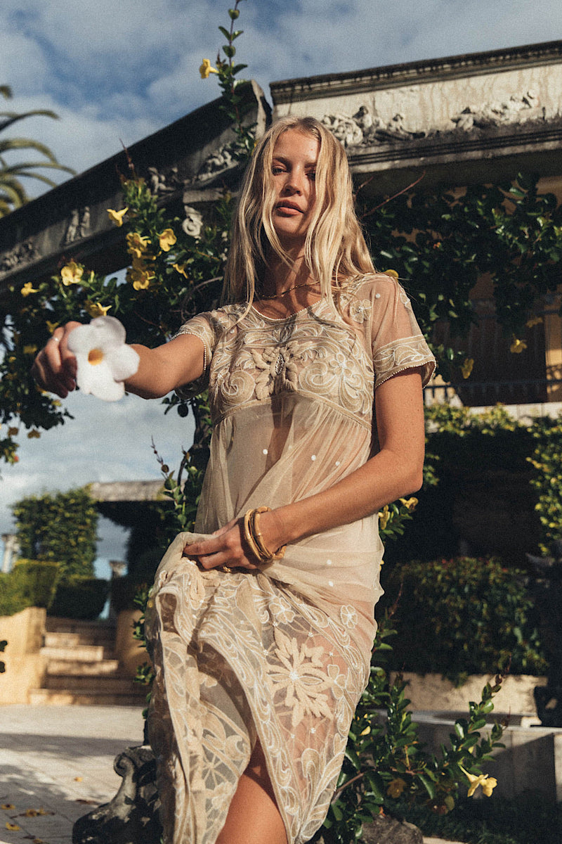 Cloudy Day Embroidered + Beaded Midi Dress - Chasing Unicorns