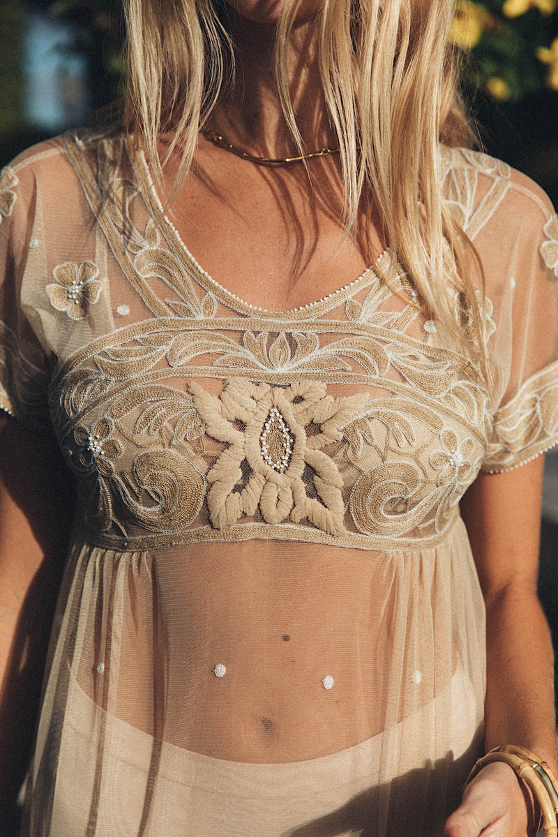 Cloudy Day Embroidered + Beaded Midi Dress - Chasing Unicorns