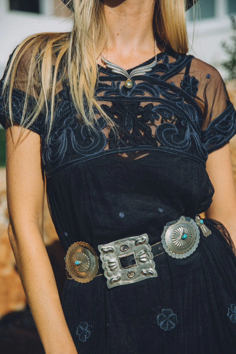 Cloudy Day Embroidered + Beaded Midi Dress - Noir - Chasing Unicorns