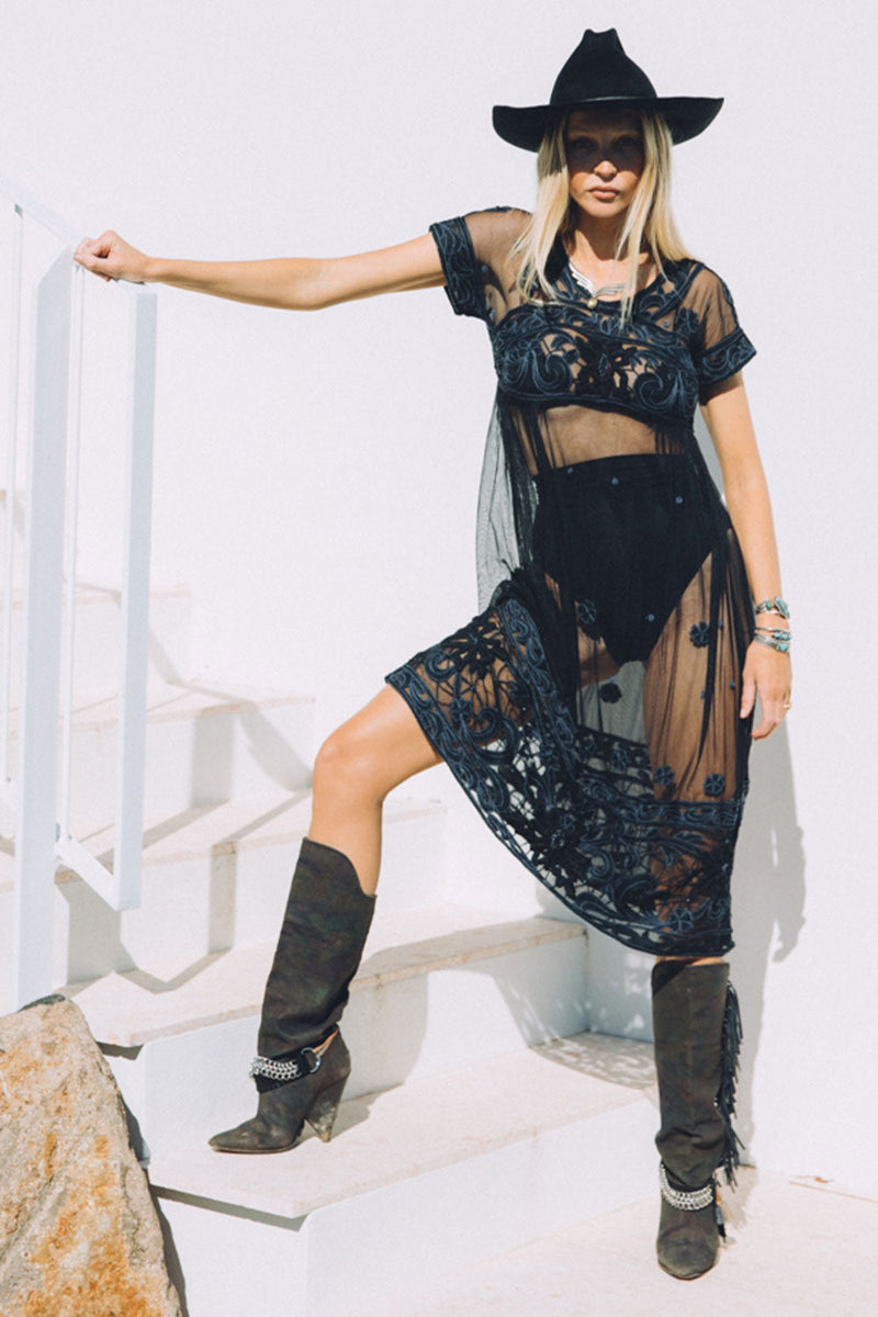 Cloudy Day Embroidered + Beaded Midi Dress - Noir - Chasing Unicorns