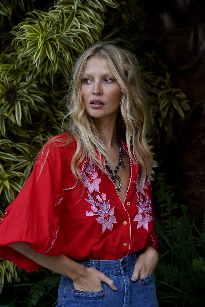 Delta Mama Blues Embroidered Blouse - Ruby - Chasing Unicorns