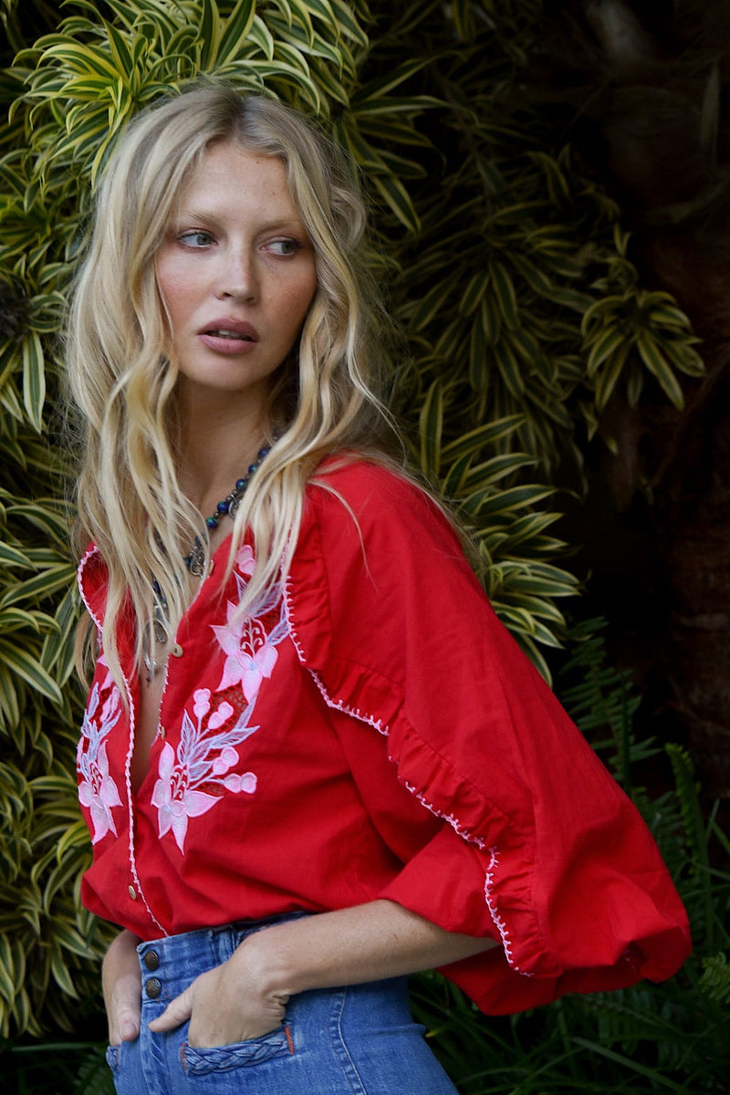 Delta Mama Blues Embroidered Blouse - Ruby - Chasing Unicorns