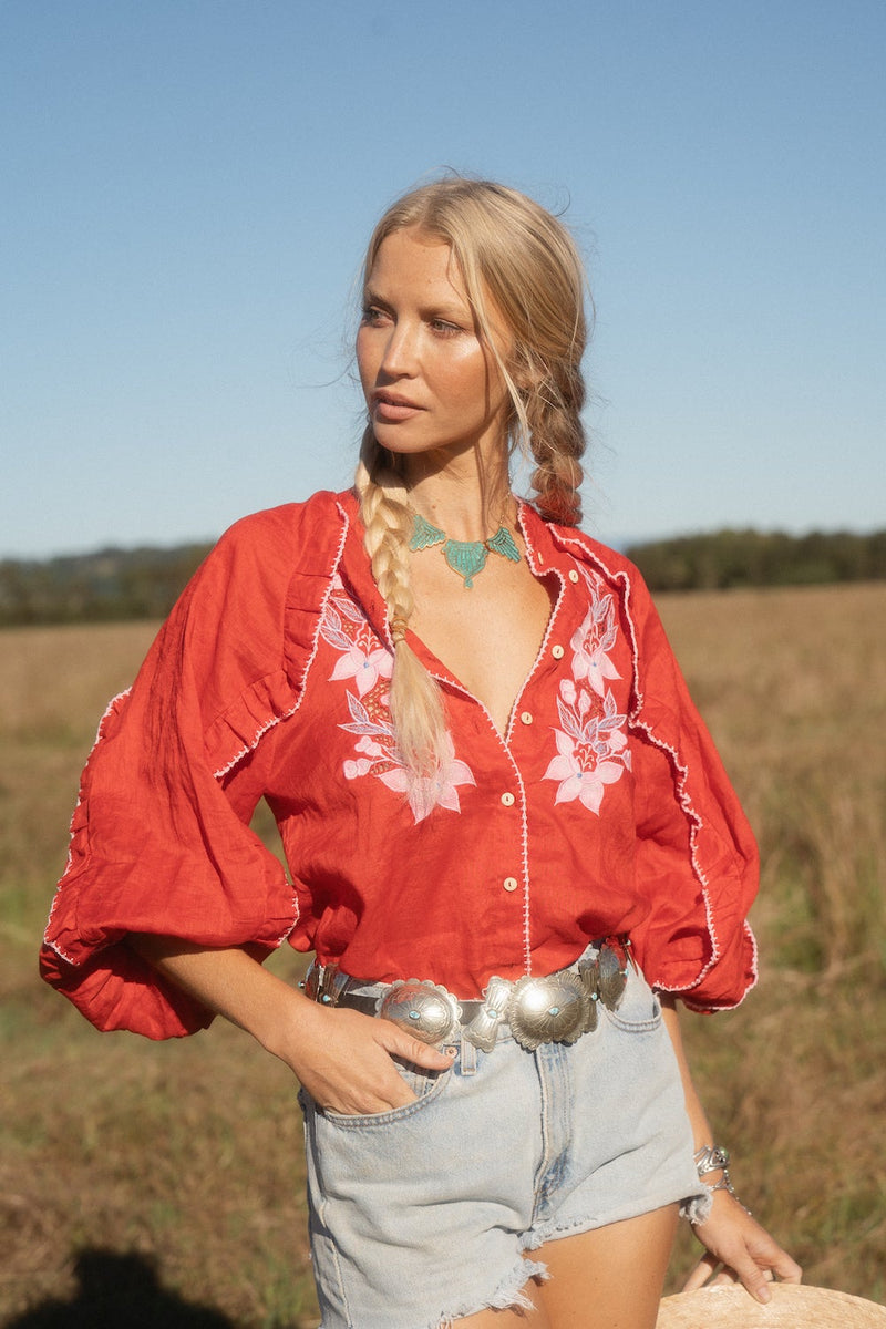 Delta Mama Blues Embroidered Blouse - Ruby - Chasing Unicorns