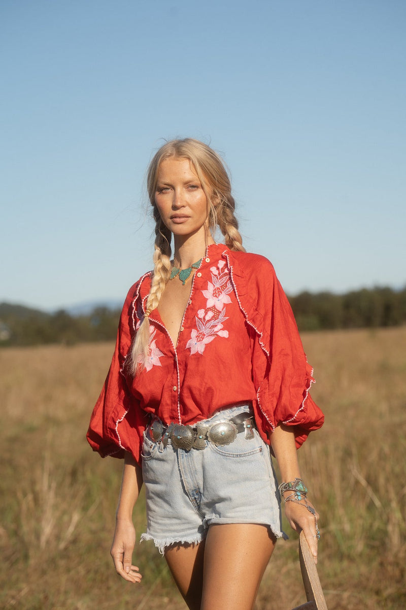 Delta Mama Blues Embroidered Blouse - Ruby - Chasing Unicorns