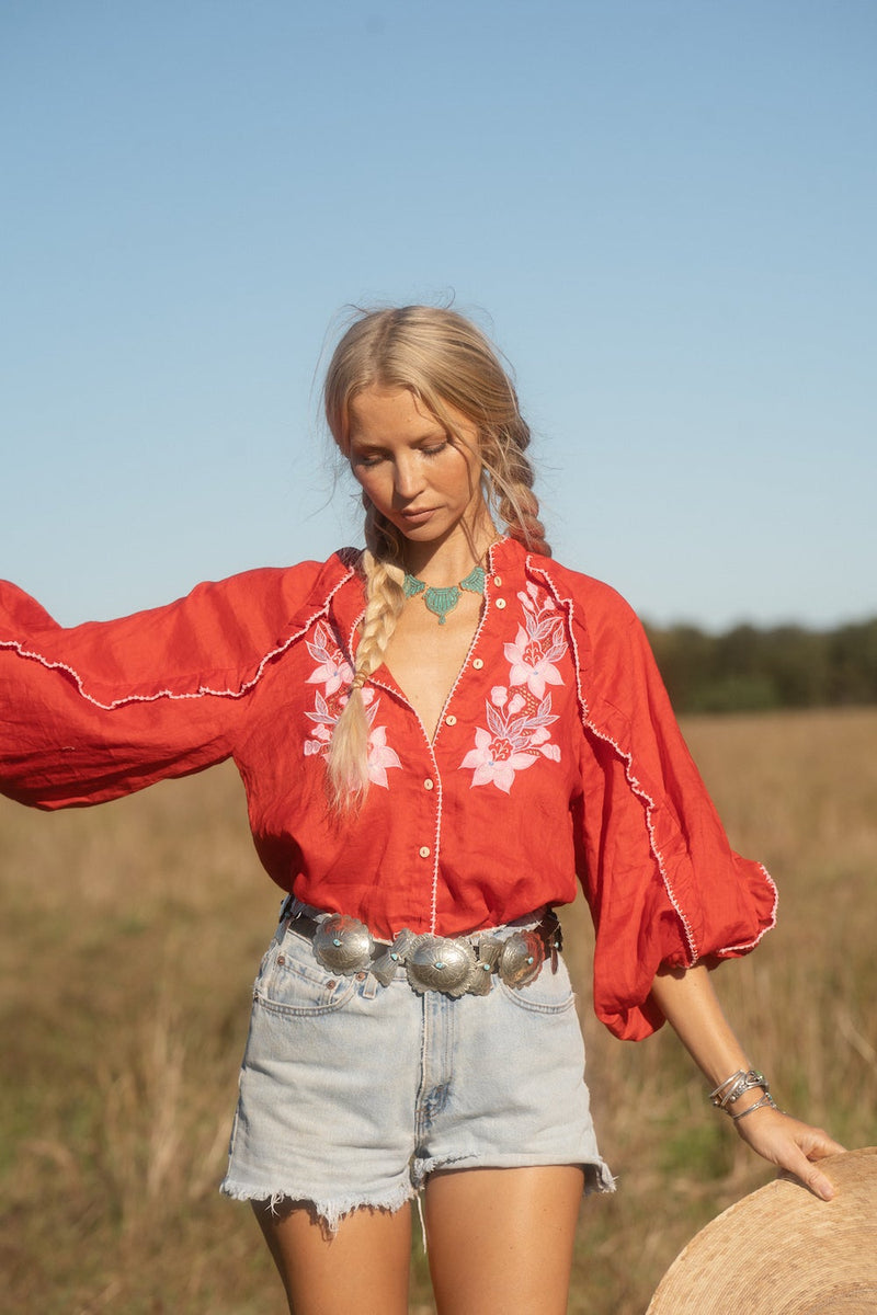 Delta Mama Blues Embroidered Blouse - Ruby - Chasing Unicorns