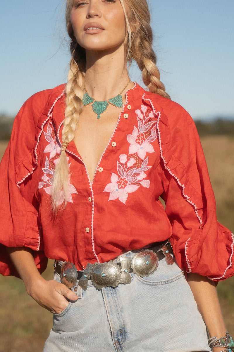 Delta Mama Blues Embroidered Blouse - Ruby - Chasing Unicorns