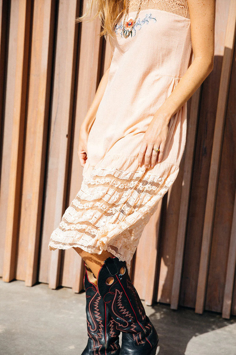 Down By The River Gauze And Lace Midi Dress - Soft Apricot - Chasing Unicorns