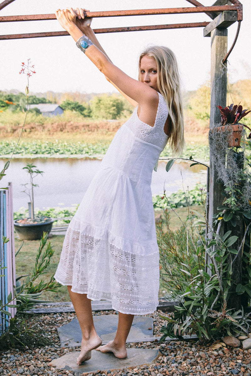 Down By The River Gauze And Lace Midi Dress - White - Chasing Unicorns