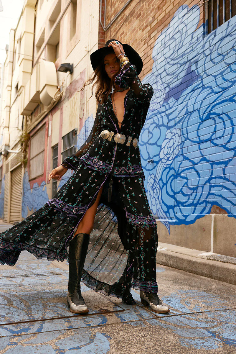 Dream On Ruffle Silk/Cotton Maxi Dress - Black Indian print - Chasing Unicorns