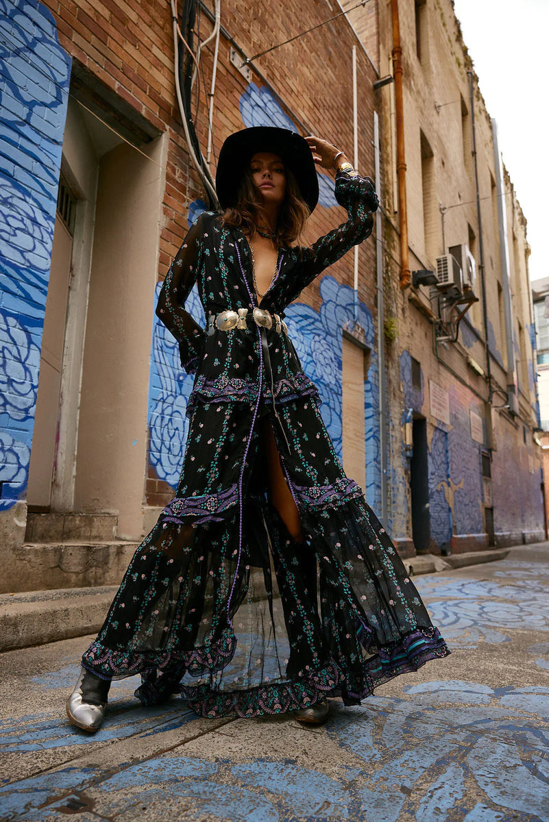 Dream On Ruffle Silk/Cotton Maxi Dress - Black Indian print - Chasing Unicorns