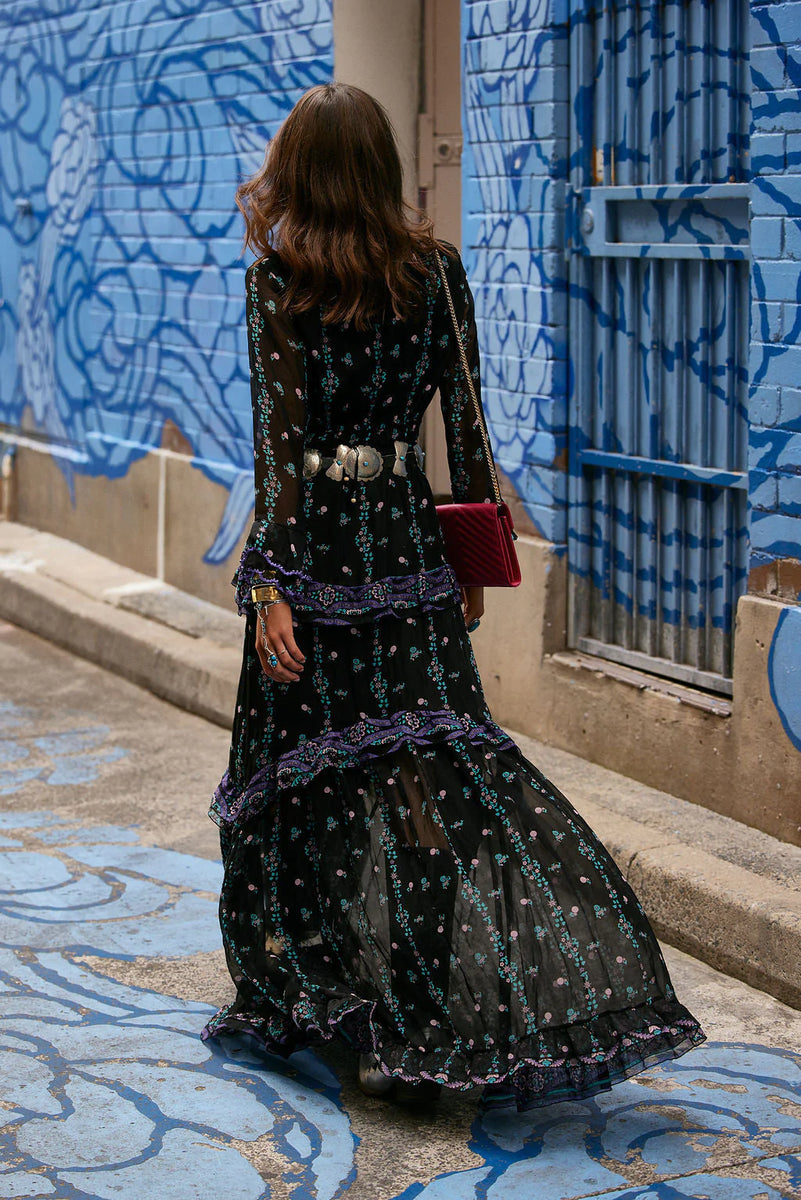 Dream On Ruffle Silk/Cotton Maxi Dress - Black Indian print - Chasing Unicorns
