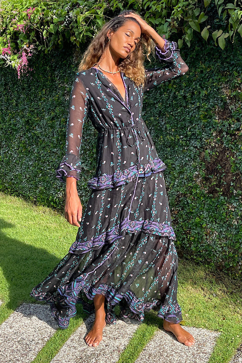 Dream On Ruffle Silk/Cotton Maxi Dress - Black Indian print - Chasing Unicorns