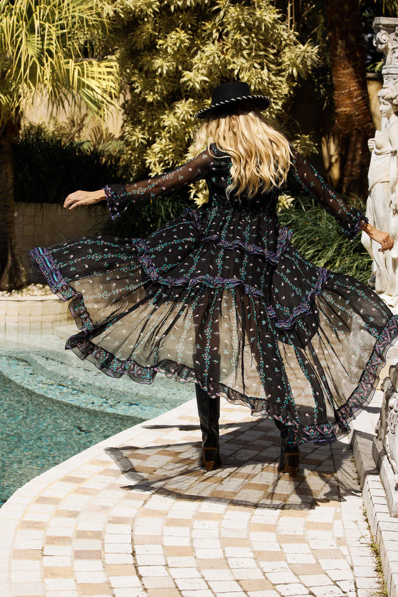 Dream On Ruffle Silk/Cotton Maxi Dress - Black Indian print - Chasing Unicorns