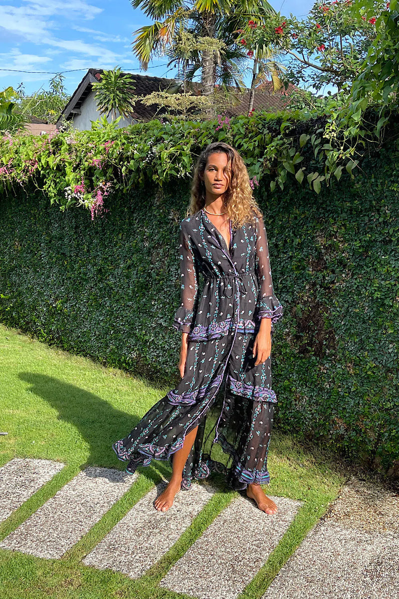 Dream On Ruffle Silk/Cotton Maxi Dress - Black Indian print - Chasing Unicorns