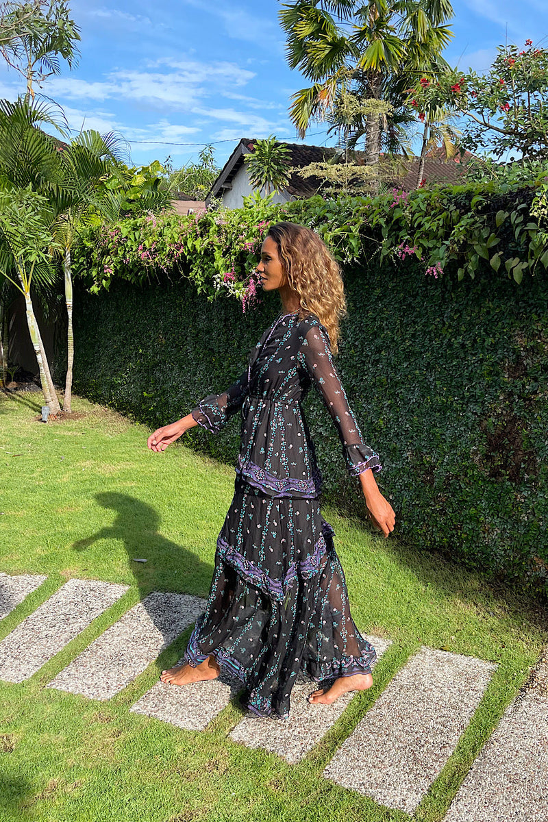 Dream On Ruffle Silk/Cotton Maxi Dress - Black Indian print - Chasing Unicorns