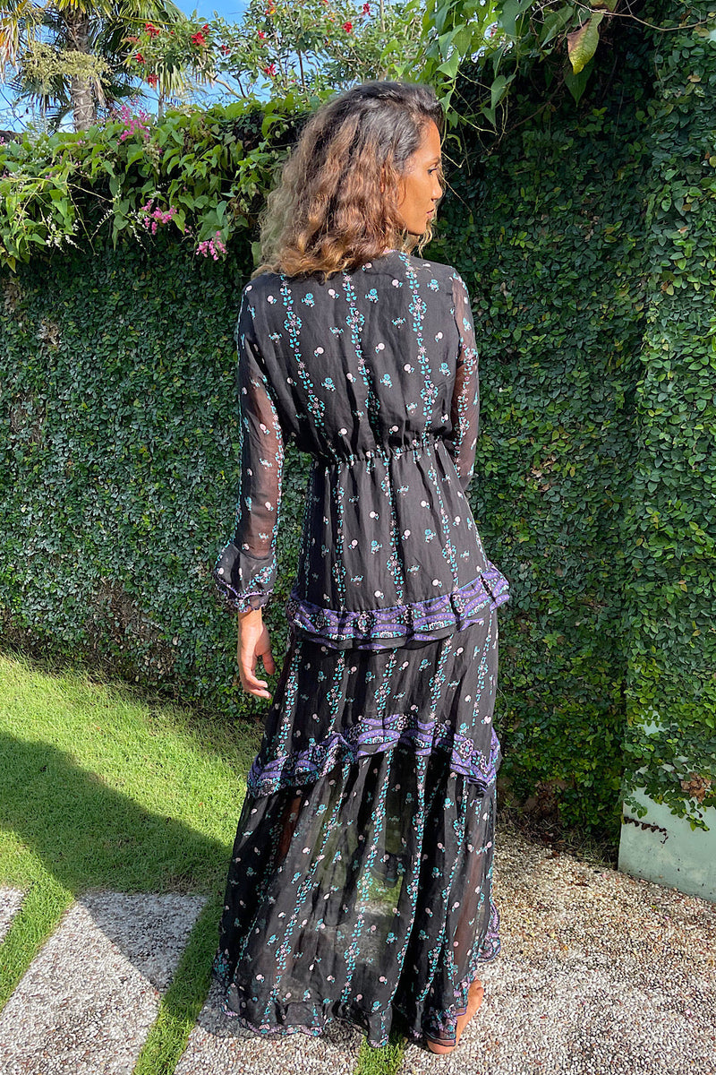 Dream On Ruffle Silk/Cotton Maxi Dress - Black Indian print - Chasing Unicorns